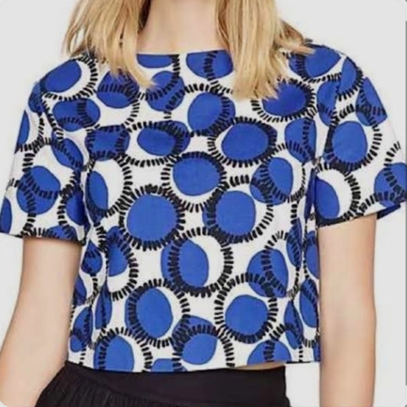 kate spade Tops - Kate Spade Blue Print Top White Cotton Mod Crop Blouse Short Sleeve Bold size Lg